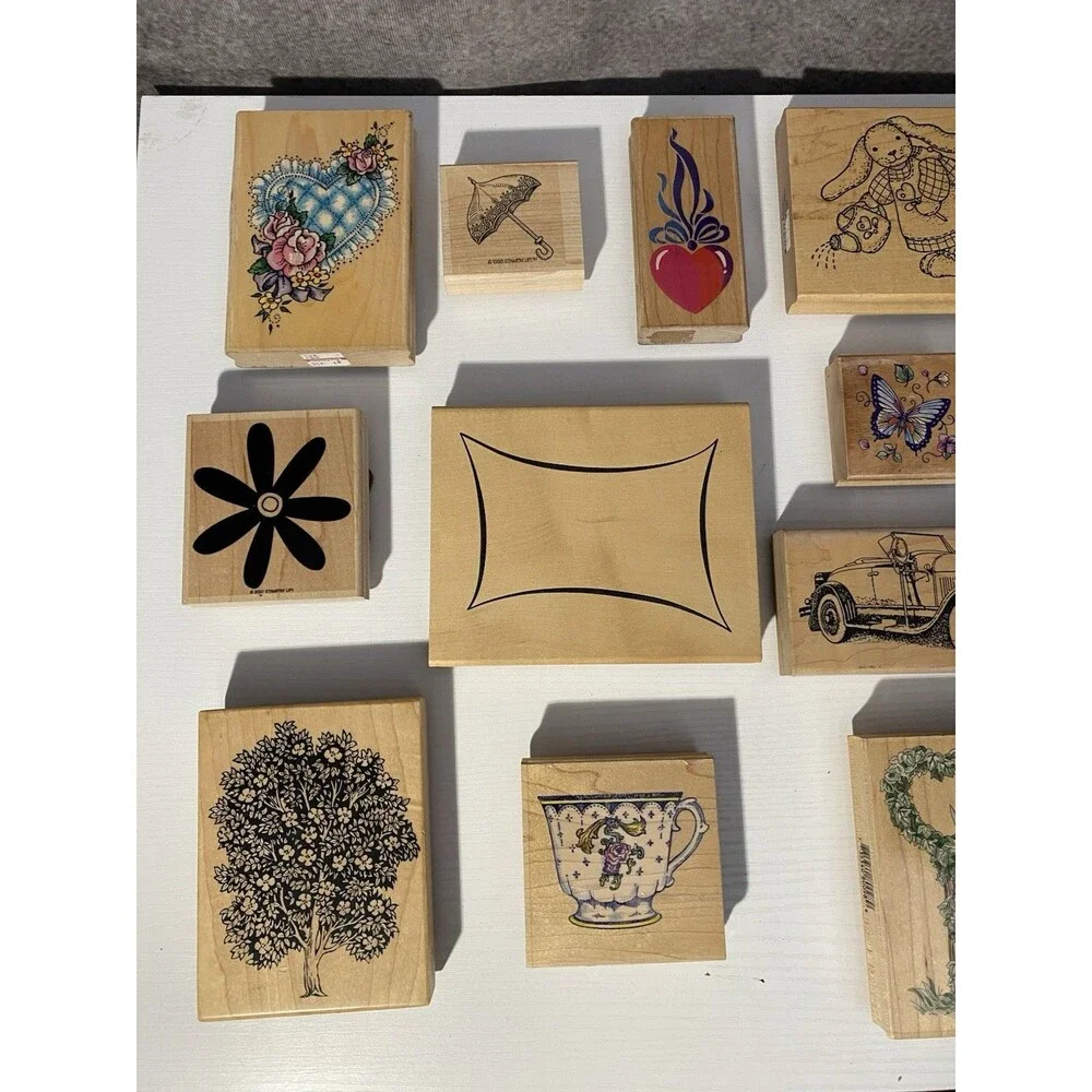 Lot 11 Vtg Wood Rubber Stamps: River City Roadster, Denami, Stampin' Up!, Misc